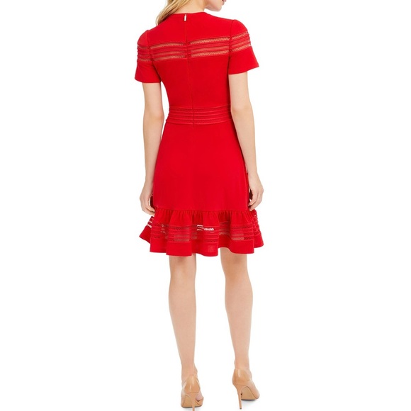 Michael Kors Bright Red Open Weave Mesh Insert Dress w/Ruffled Hem - Sz M - Picture 4 of 16
